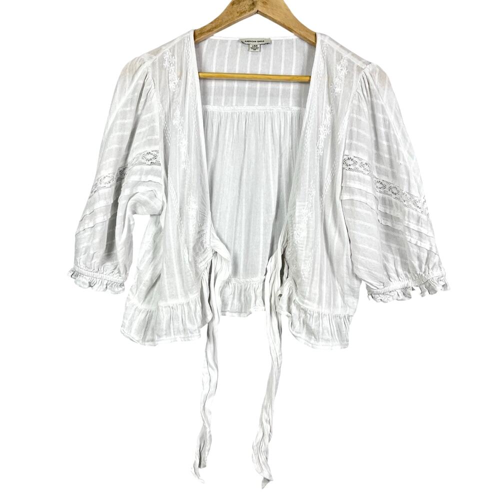 American Eagle V-Neck Gauzy Lace Tie-Front White Blouse Top BOHO L - Picture 6 of 14